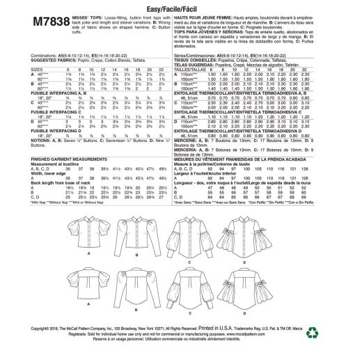 MCCALLS - M7838 HAUTS AMPLES POUR FEMMES - 14-22