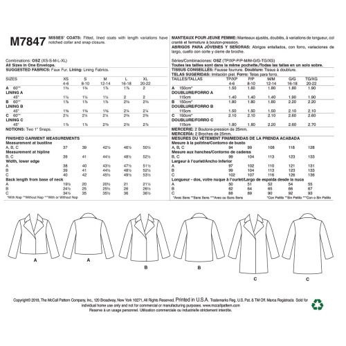 MCCALLS - M7847 MANTEAUX AJUSTÉS POUR FEMMES - TP-TG