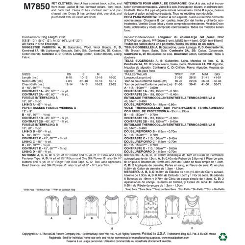 MCCALLS - M7850 VÊTEMENTS POUR ANIMAUX - TP-G