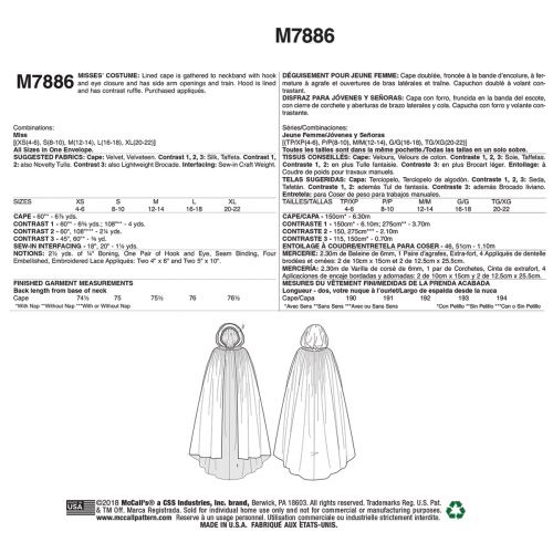 MCCALLS - M7886 DÉGUISEMENT CAPE POUR FEMMES - TP-TG