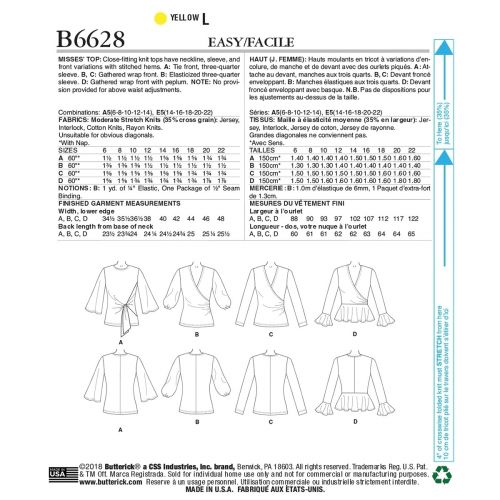 BUTTERICK - B6628  HAUTS MOULANTS POUR FEMMES - 14-22