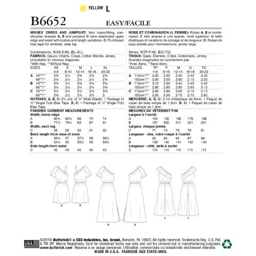BUTTERICK - B6652  ROBES ET COMBINAISON POUR FEMMES - G-TG