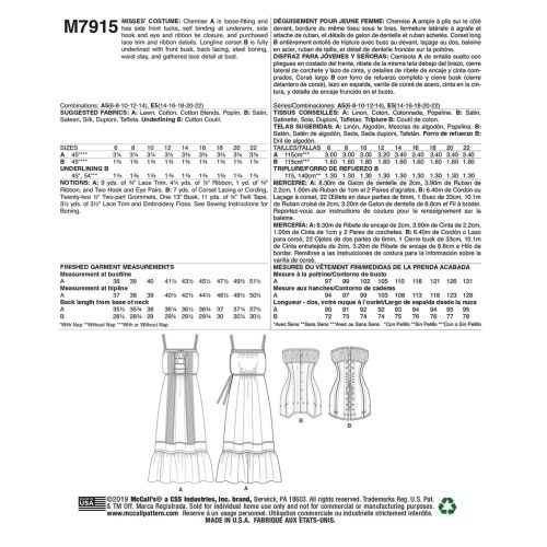 MCCALLS - M7915 DÉGUISEMENT CHEMISE POUR FEMMES