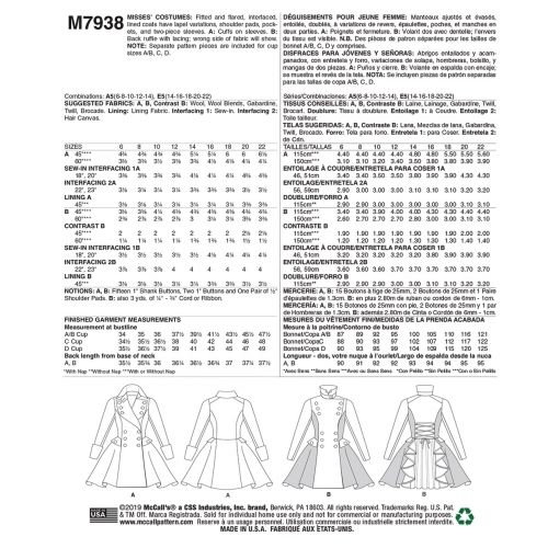 MCCALLS - M7938 DÉGUISEMENT MANTEAUX POUR FEMMES