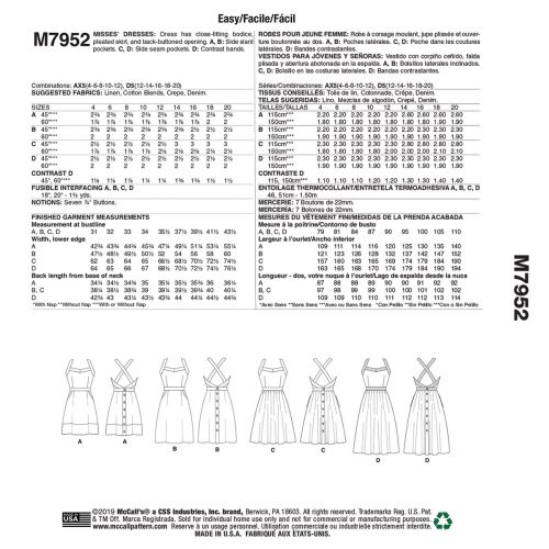 MCCALLS - M7952 ROBES À CORSAGE MOULANT POUR FEMME - 4-12