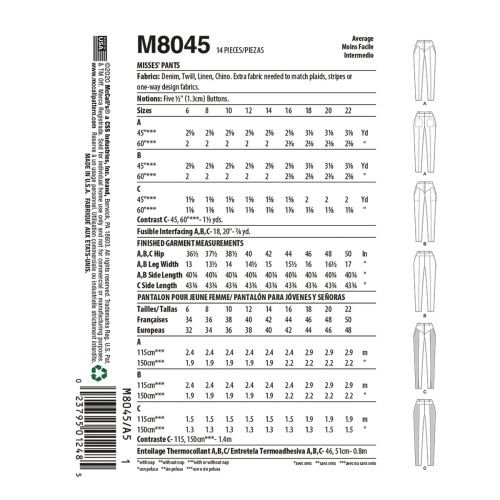 MCCALLS - M8045 PANTALONS POUR FEMME - 6 À 14