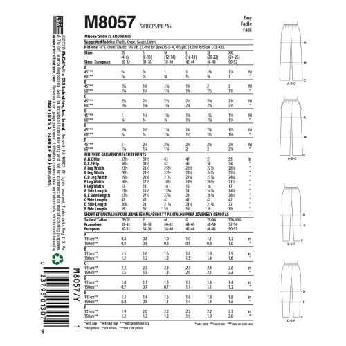 MCCALLS - M8057 SHORTS ET PANTALONS POUR FEMME