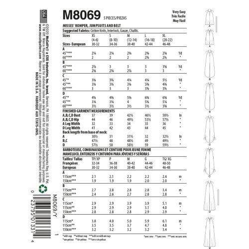 MCCALLS - M8069 BARBOTEUSES ET COMBINAISONS POUR FEMME