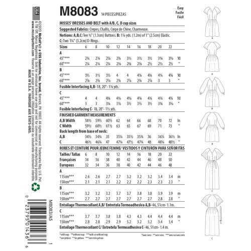 MCCALLS - M8083 ROBES ET CEINTURE POUR FEMMES - 6-14