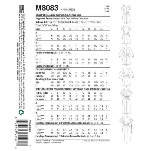 MCCALLS - M8083 ROBES ET CEINTURE POUR FEMMES - 14-22
