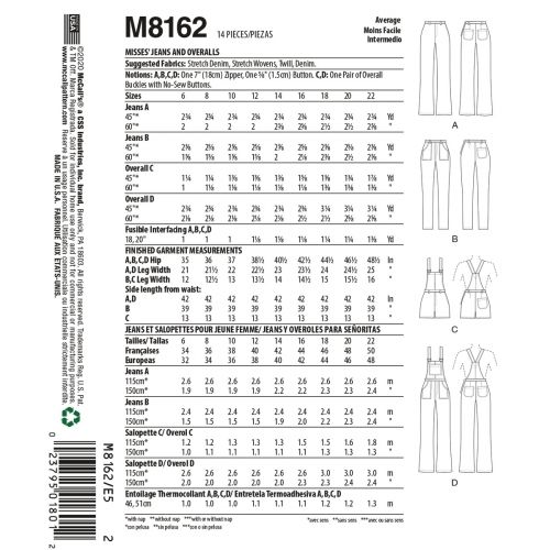 MCCALLS - M8162 JEANS ET SALOPETTES POUR FEMMES