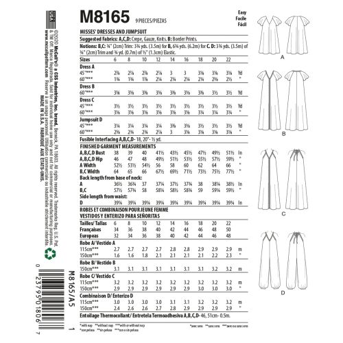 MCCALLS - M8165 ROBES ET COMBINAISONS POUR FEMMES - 6-14