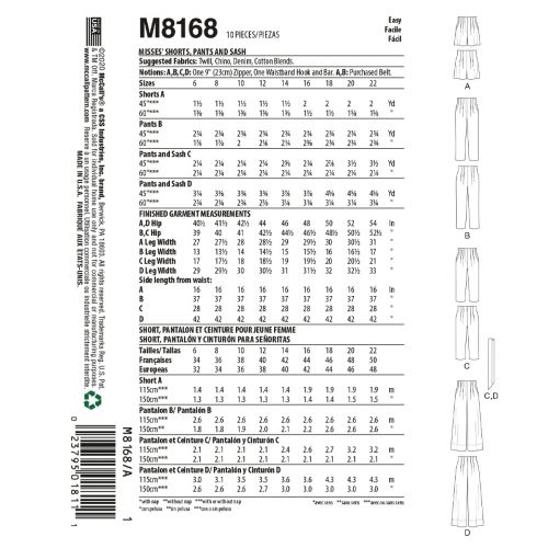 MCCALLS - M8168 SHORTS ET PANTALONS POUR FEMMES - 6-22