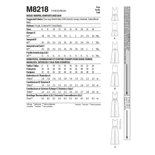 MCCALLS - M8218 COMBINAISONS POUR FEMMES - 16-24