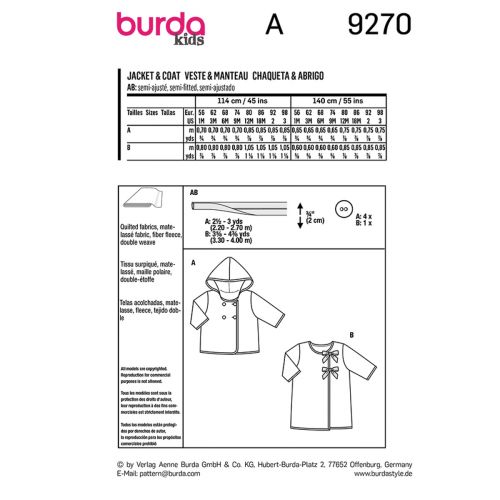 BURDA - 9270 VESTE ET MANTEAU POUR BÉBÉ