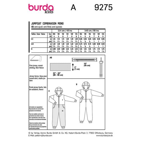 BURDA - 9275 COMBINAISON POUR ENFANTS 