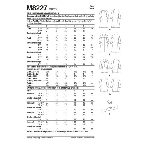 MCCALLS - M8227 DÉGUISEMENT MANTEAUX D'ÉPOQUE POUR ENFANTS - 7-14