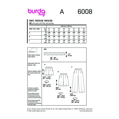 BURDA - 6008 SHORTS ET PANTALON SEMI-AJUSTÉS POUR FEMMES