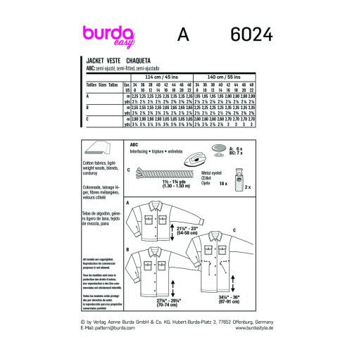 BURDA - 6024 VESTES À MANCHES LONGUES SEMI-AJUSTÉES POUR FEMMES