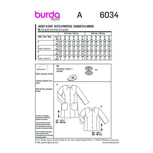 BURDA - 6034 VESTE ET MANTEAU POUR FEMMES