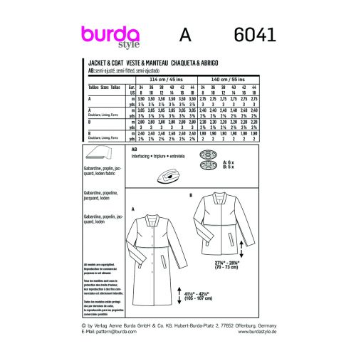 BURDA - 6041 VESTE ET MANTEAU POUR FEMMES