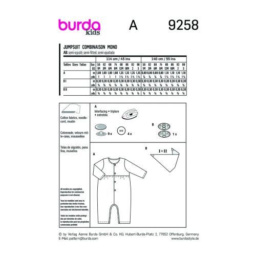 BURDA - 9258 COMBINAISON POUR BÉBÉ