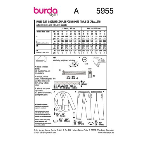 BURDA - 5955 - COSTUME COMPLET POUR HOMME