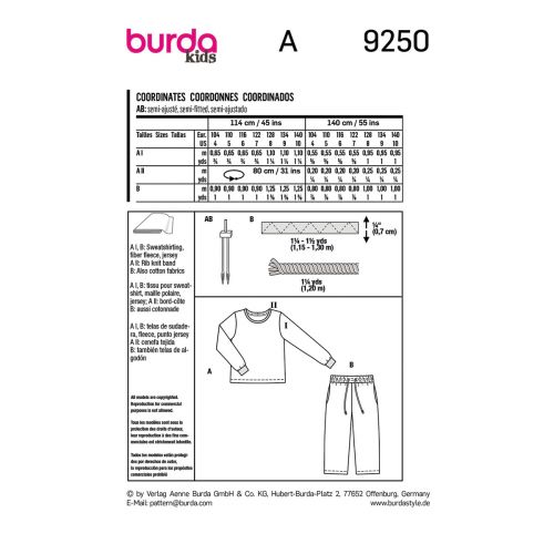 BURDA - 9250 - ENSEMBLES POUR FILLE