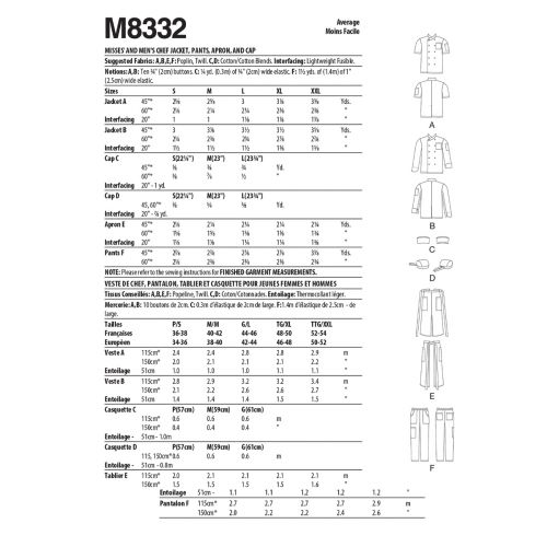 MCCALL'S - M8332 - VESTE DE CHEF, PANTALON, TABLIER ET CHAPEAU