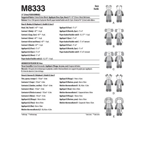 MCCALL'S - M8333 ANIMAUX EN PELUCHE DE 54 CM