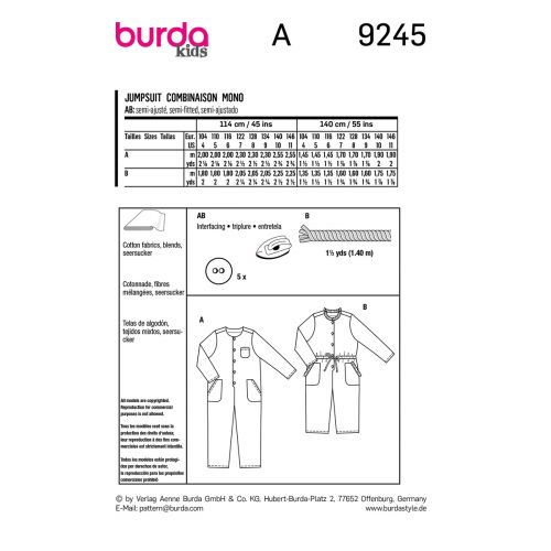 BURDA - 9245 - COMBINAISON POUR ENFANTS